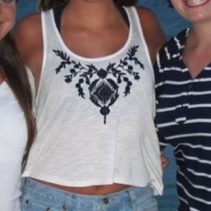 White and navy embroidered crop top